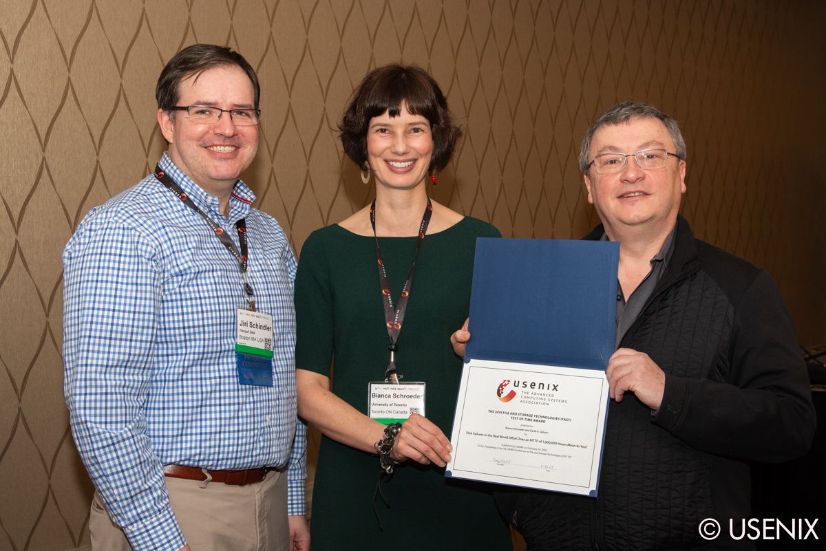 Profs. Bianca Schroeder and Garth Gibson received the 2019 FAST Test of Time Award for their paper 'Disk Failures in the Real World: What Does an MTTF of 1,000,000 Hours Mean to You?' originally presented at FAST 2007.